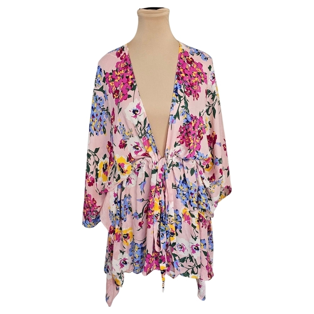 Umgee Pink Floral Lightweight Wrap Kimono Cardigan Sz XL
